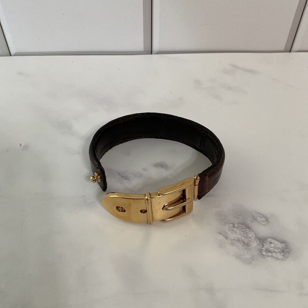 Gucci Belt Motif Bangle Bracelet Leather Brown Gold Women Very Good